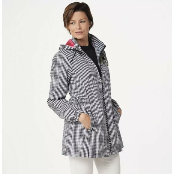 dennis basso Jackets & Blazers - Dennis Basso Water Resistant Gingham Anorak Jacket Embellished Black White